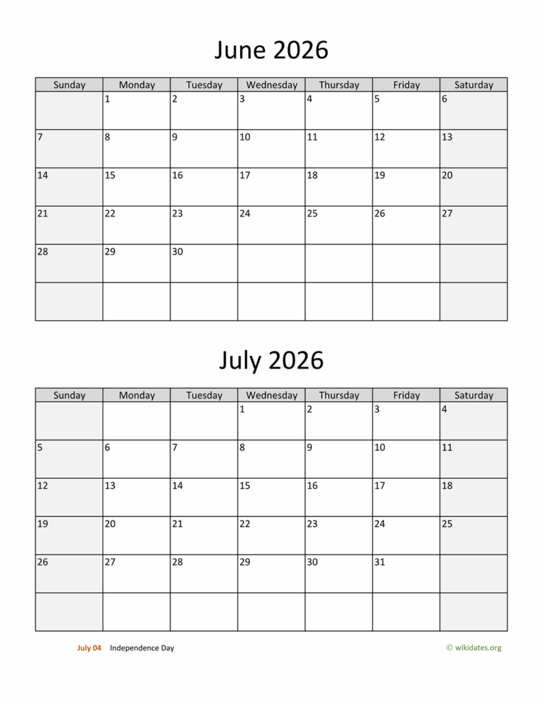 June And July 2026 Calendar WikiDates