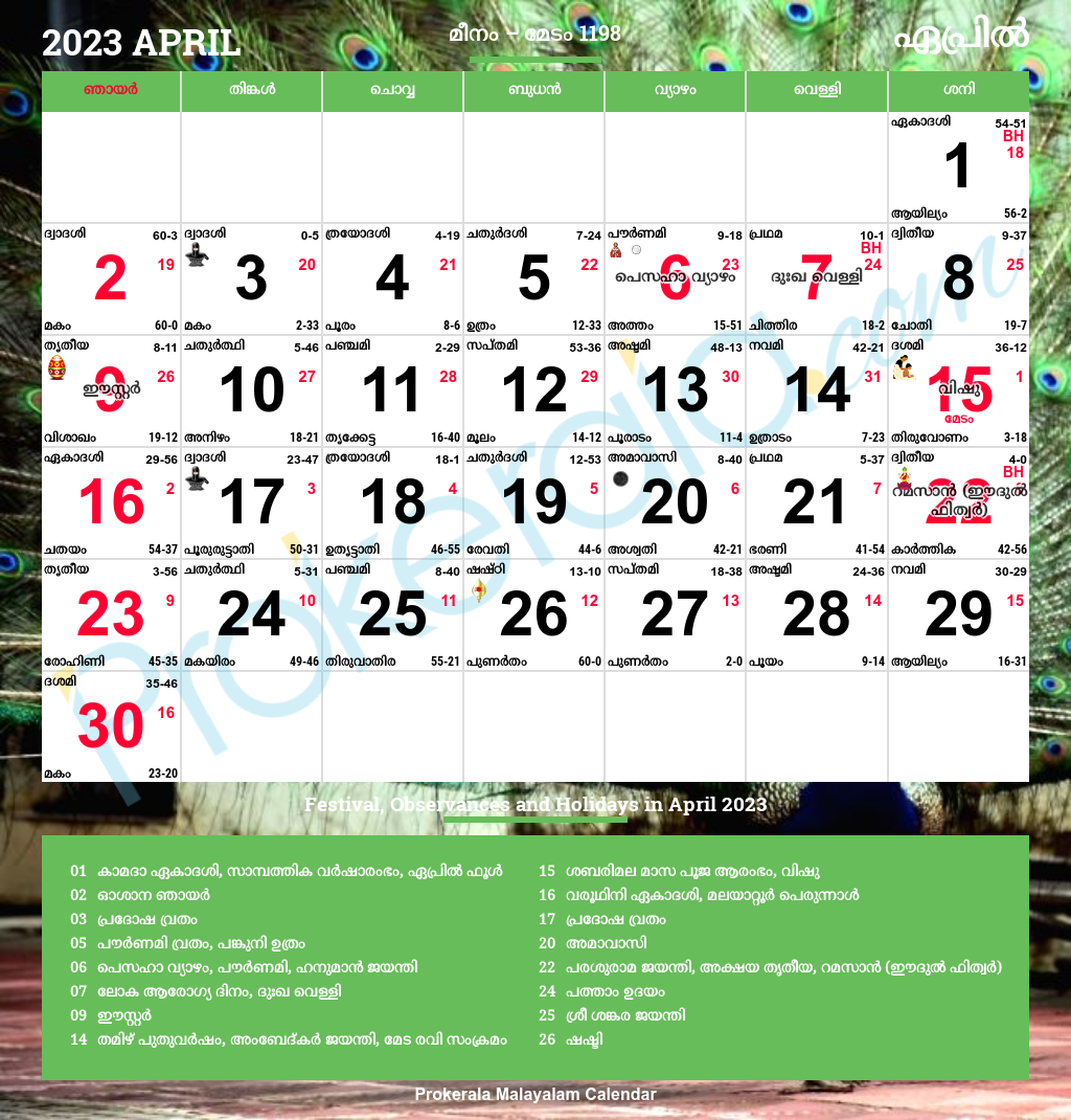April 2026 Calendar Malayalam