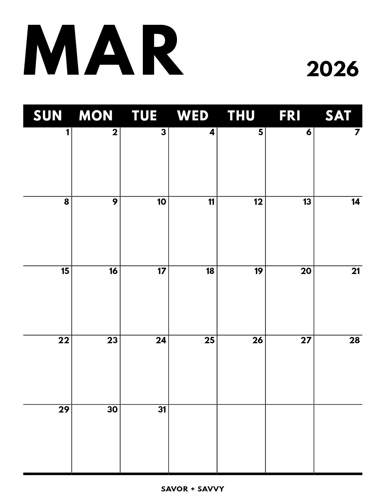 Daily Sheet Calendar March 2026
