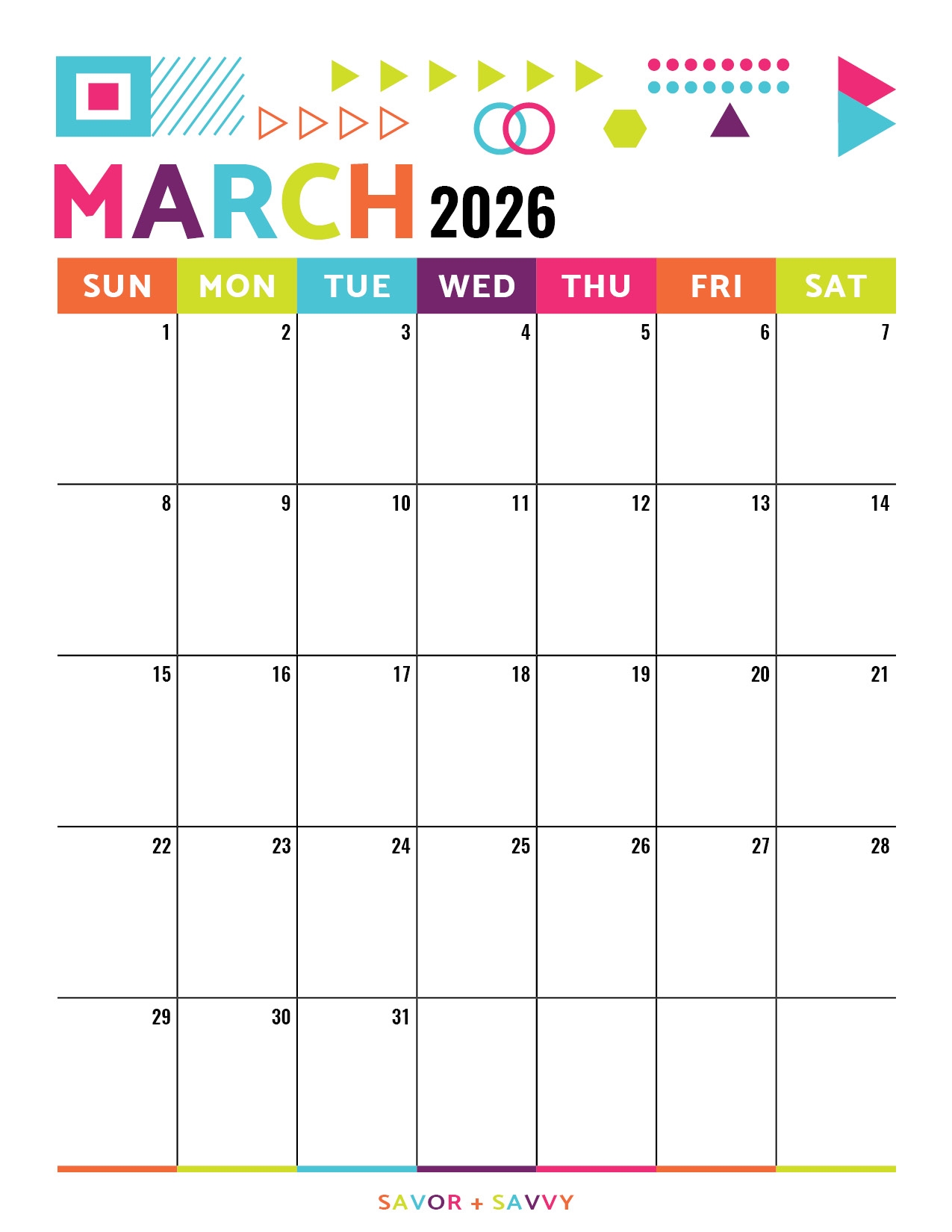 March 2026 Calendar Templates 14 Free Printables Savor Savvy