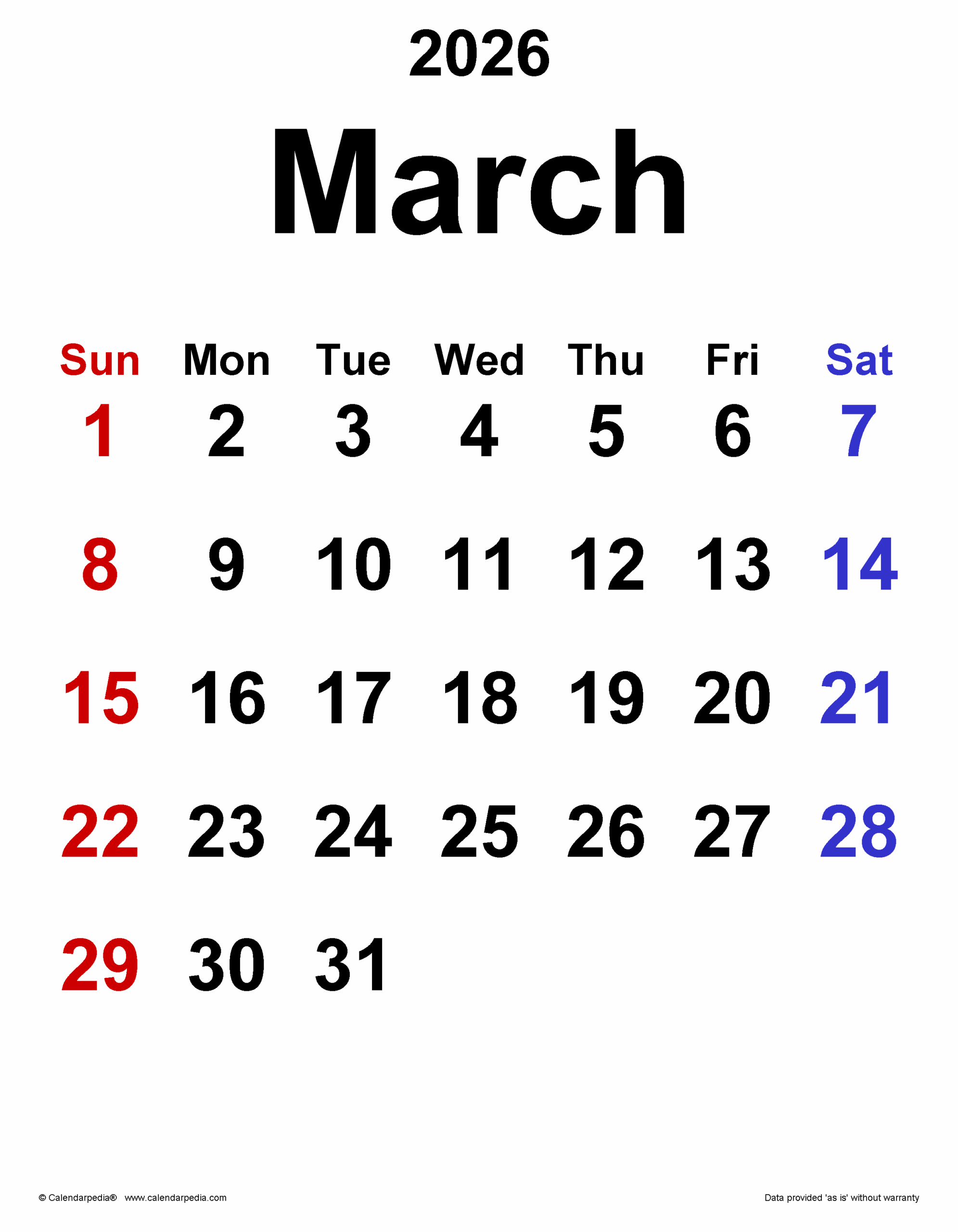 Show Me March Calendar 2026