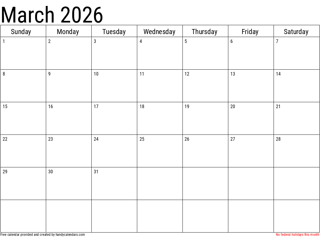 March 2026 Calendar With Holidays Handy Calendars