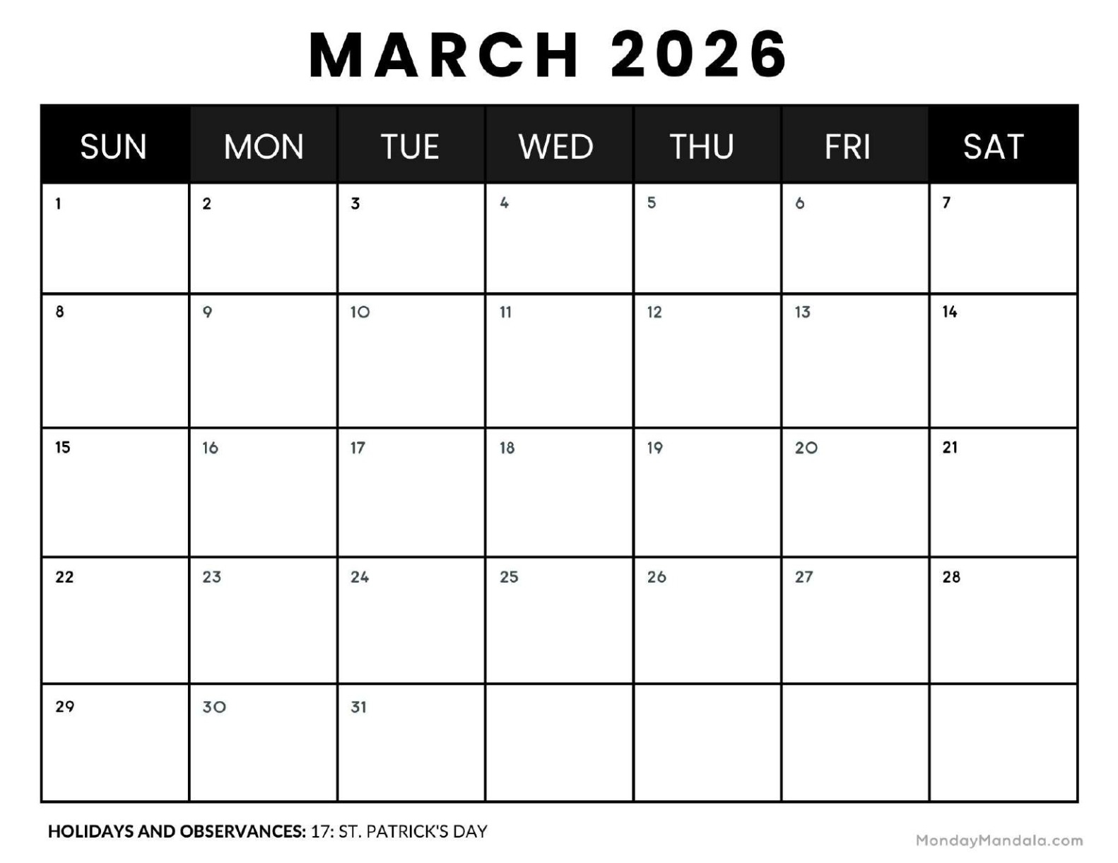 March Calendar 2026 Editable