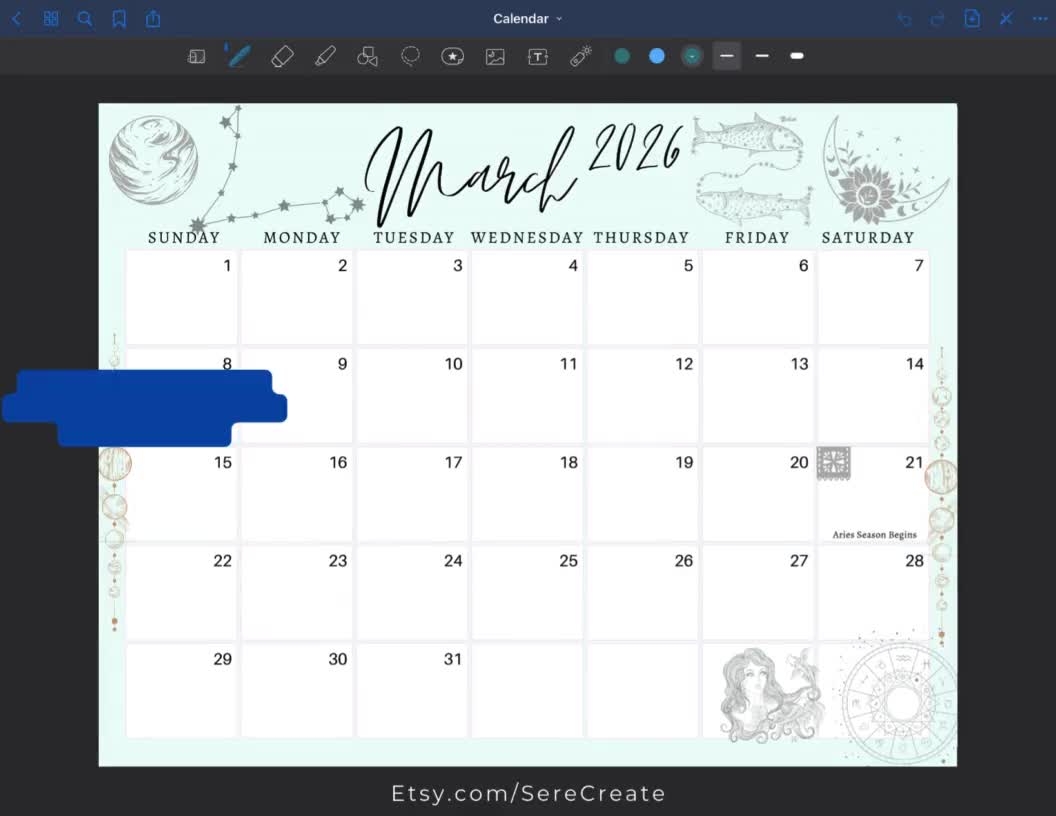 March 2026 Digital Calendar Pisces Astrology Planner Editable Fillable Printable Calendar For Planning PDF PNG And JPG Download