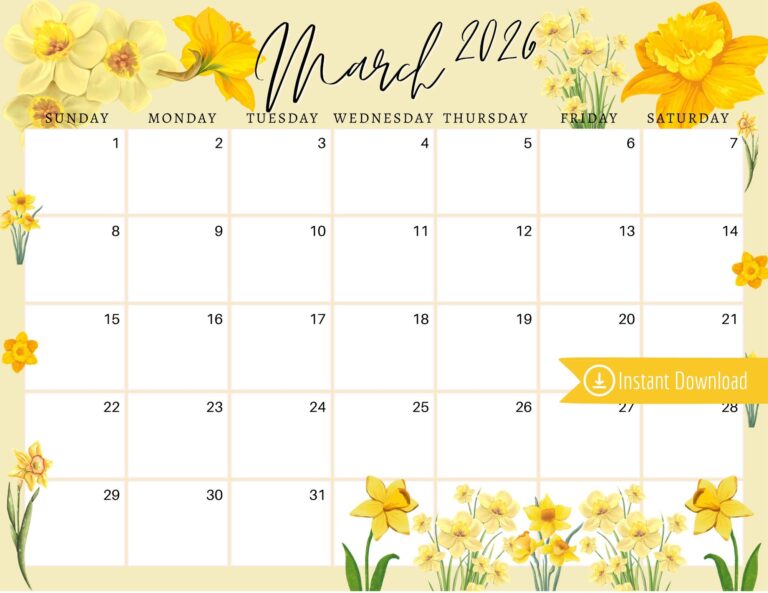 March 2026 Digital Calendar Yellow Daffodils Planner Editable Fillable Printable Calendar For Planning PDF PNG And JPG Download