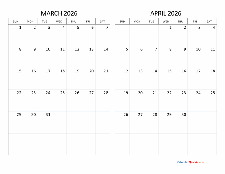 March And April 2026 Calendar Calendar Quickly