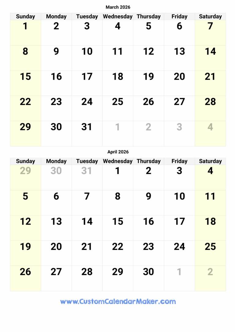March And April 2026 Calendar Custom Calendar Maker