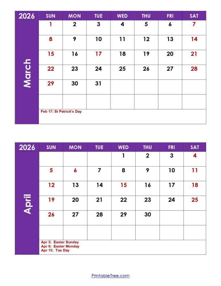 March And April 2026 Calendar Printable PDF 2 Month Calendar