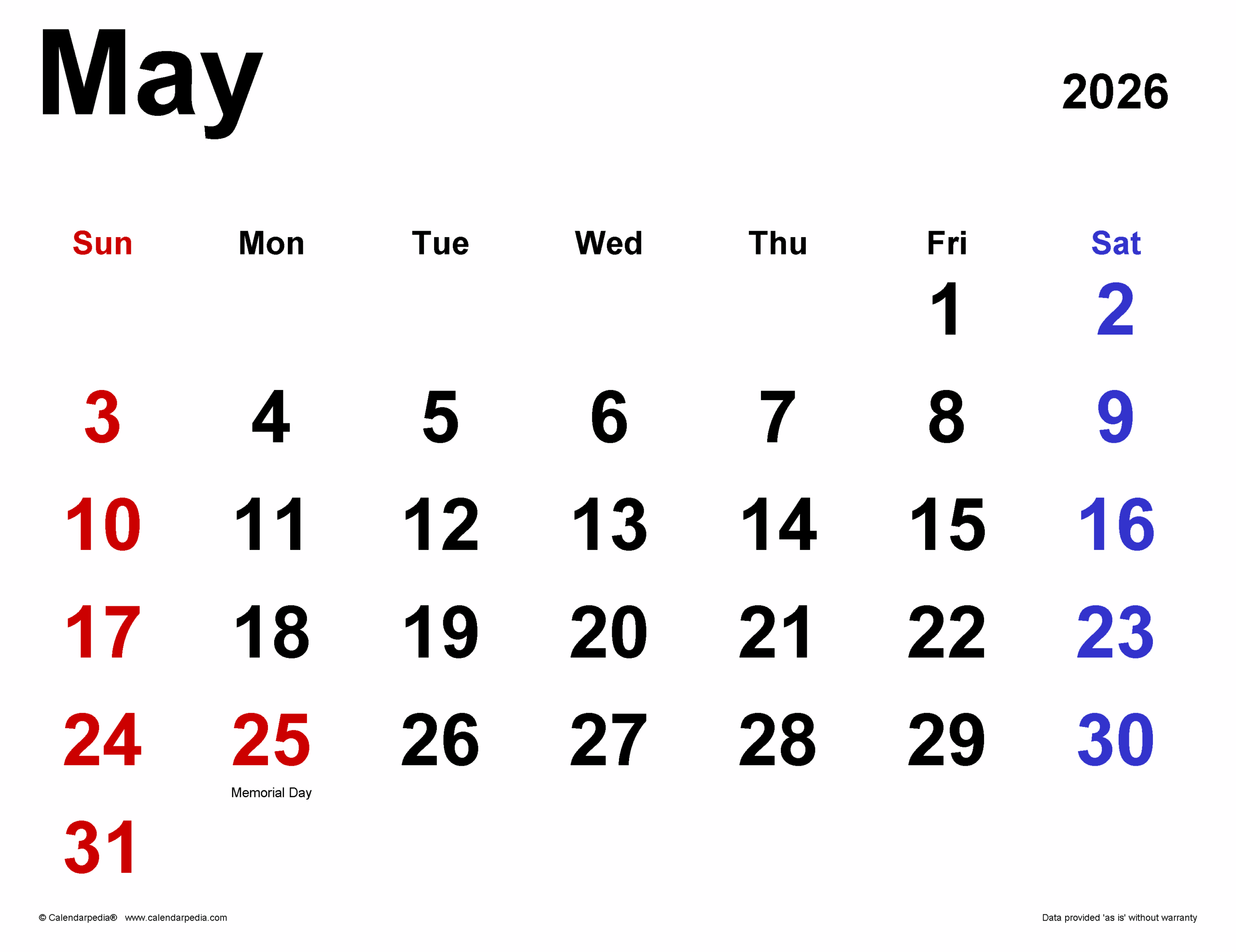 Calendar 2026 With Holidays May