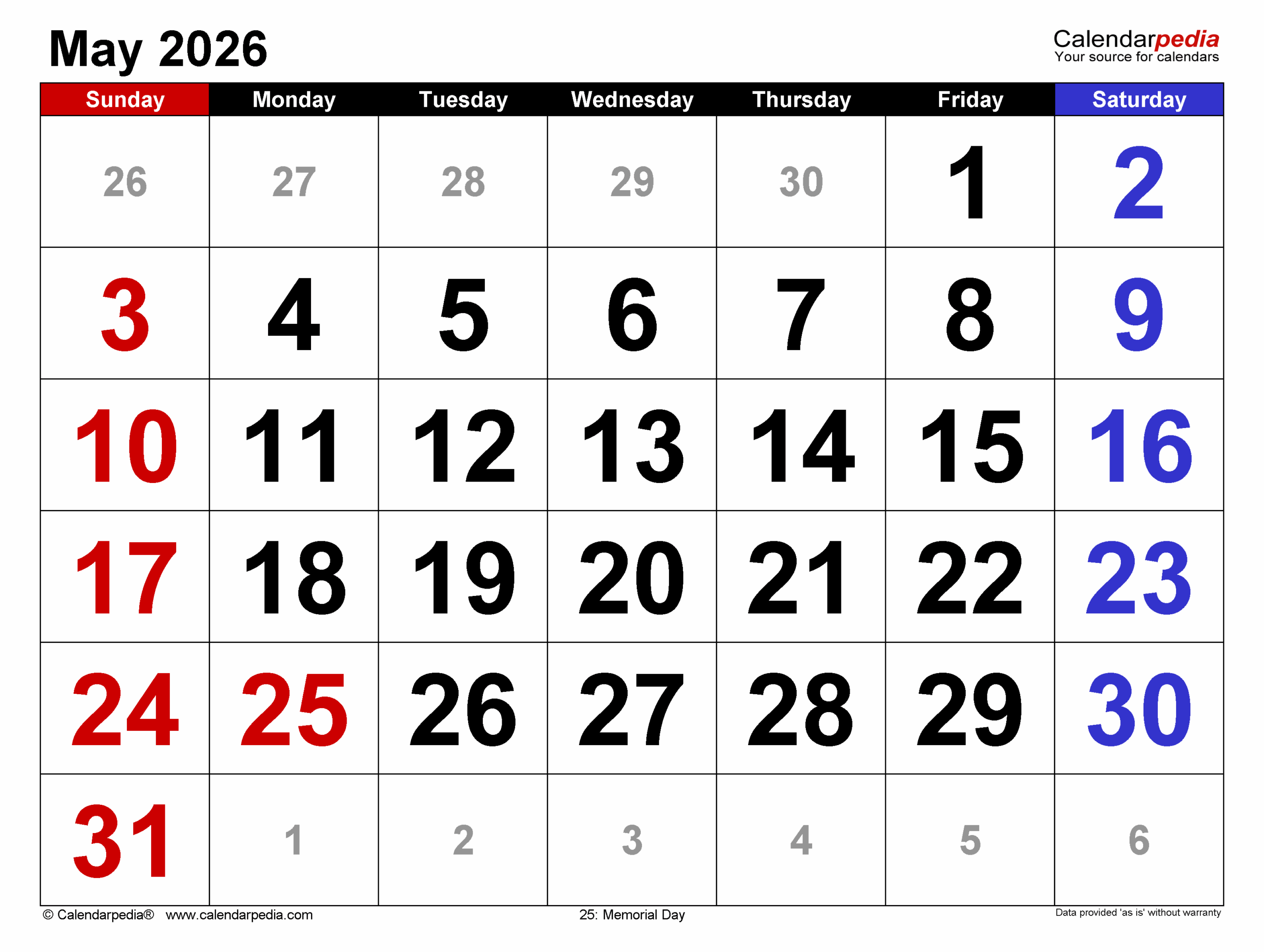 Printable 2026 May Calendar