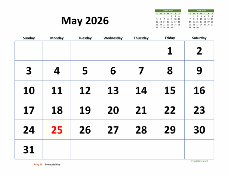 May 2026 Calendar With Extra large Dates WikiDates