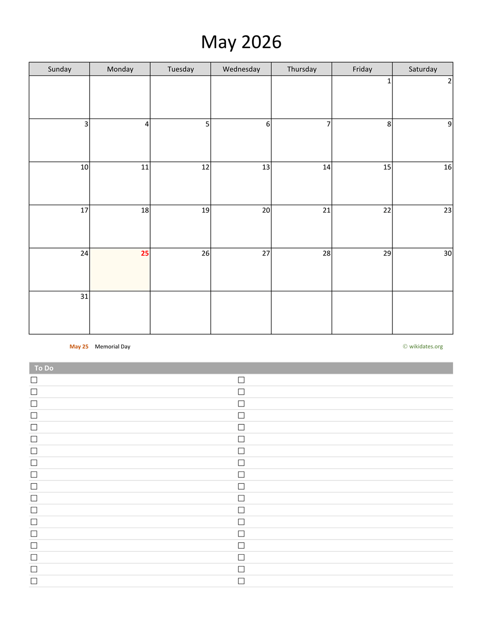May 2026 Calendar With To Do List WikiDates