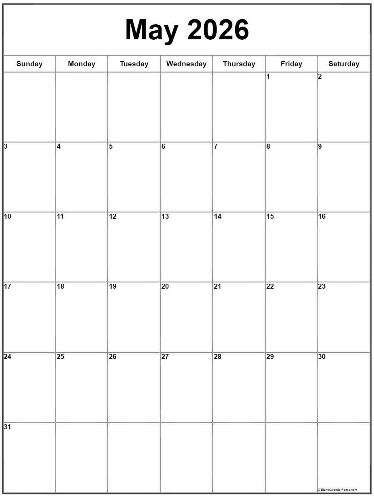 May 2026 Vertical Calendar Portrait