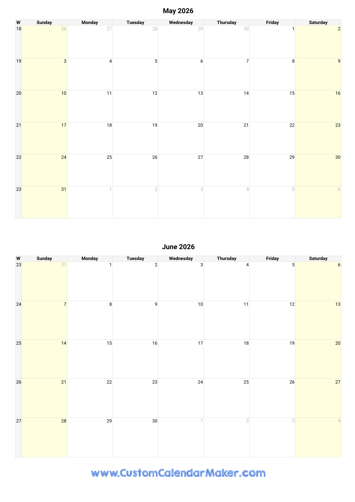 Blank May And June 2026 Calendar