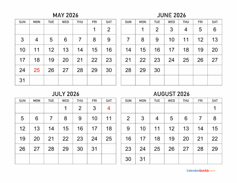 May To August 2026 Calendar Calendar Quickly