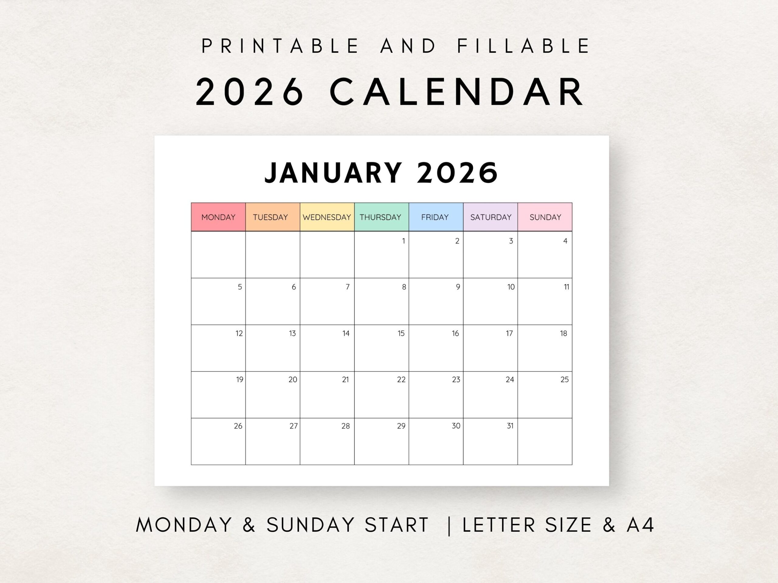 Monthly Calendar 2026 2026 Calendar Printable Blank Calendar 2026 Calendar Template 12 Month Calendar Month At A Glance 2026 Planner Etsy