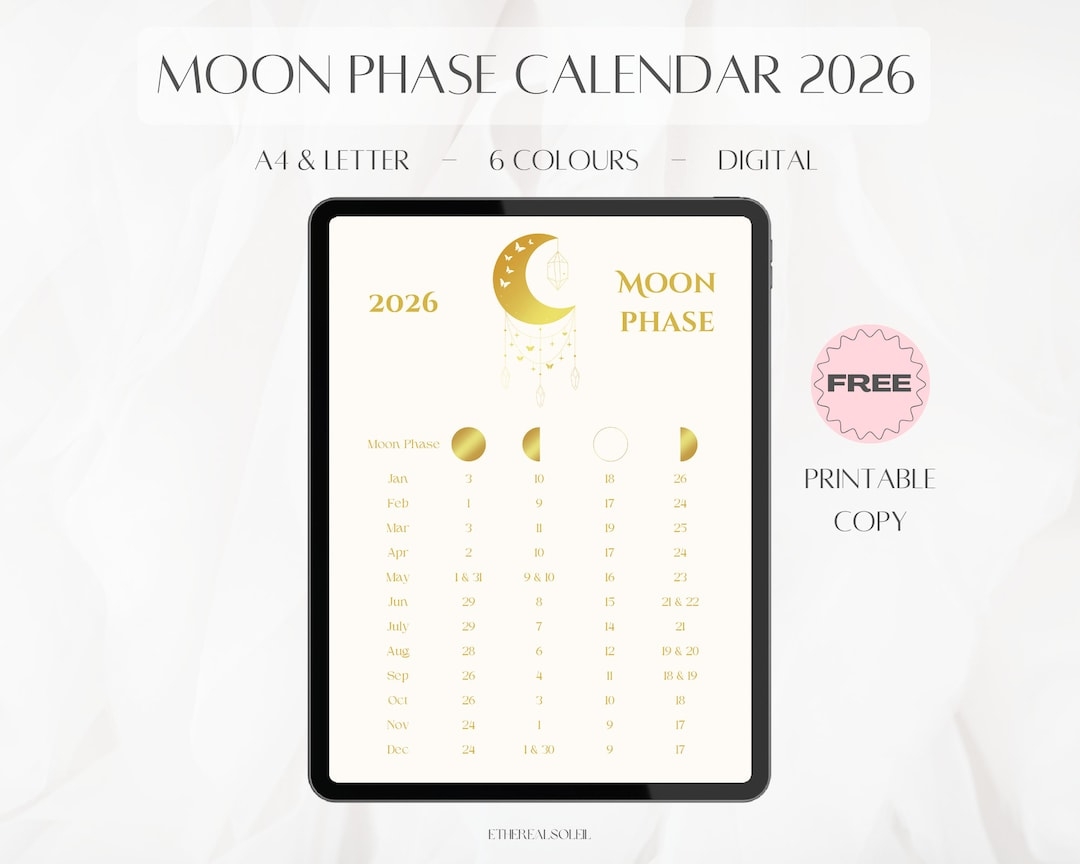Moon Phase Calendar 2026 Lunar Calendar Moonphases Moonphase Printable Moonphase Lunar Calendar 2026 Moonphase Phase Etsy