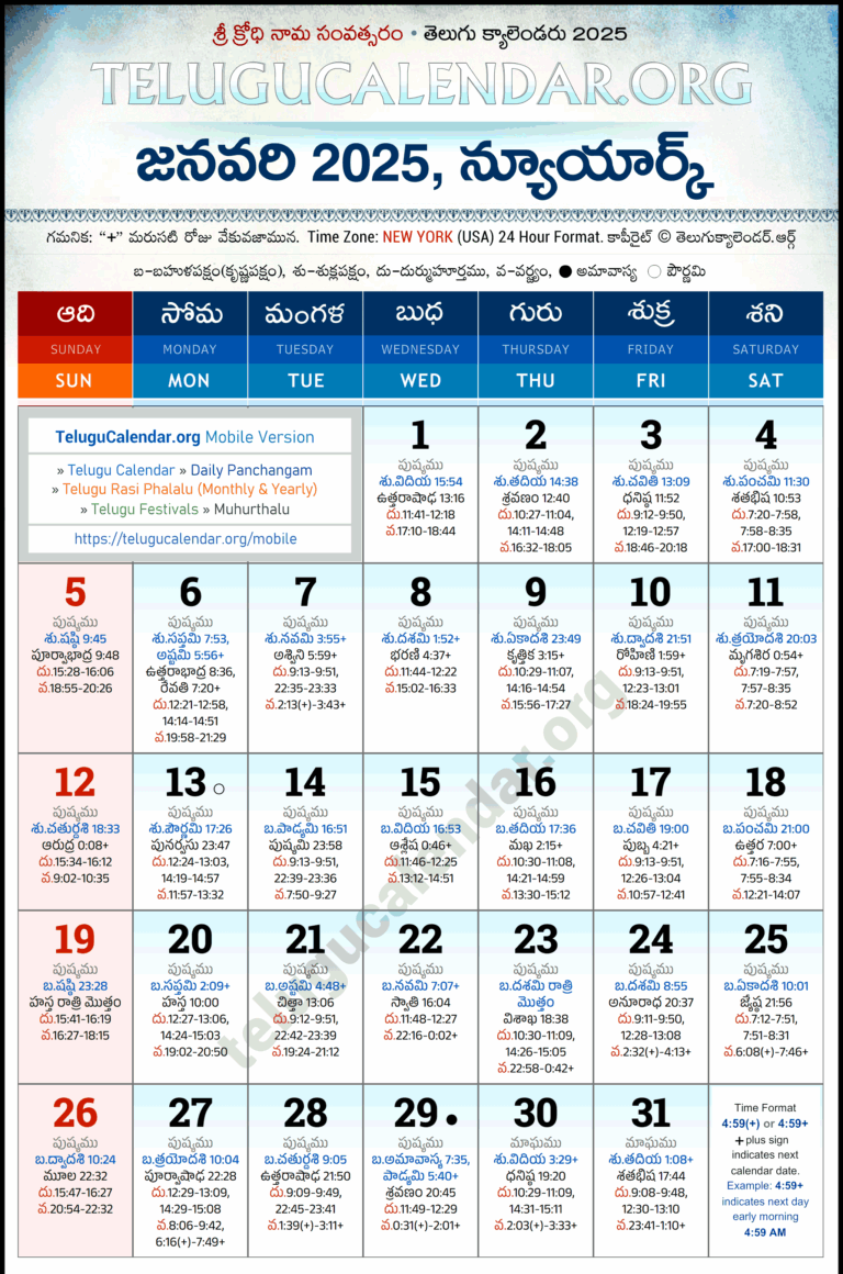 New York Telugu Calendar 2025 January PDF Festivals