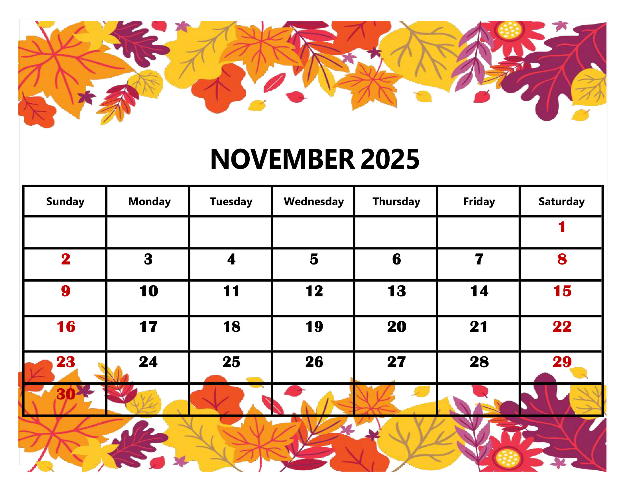 November 2025 Calendar Printable Free