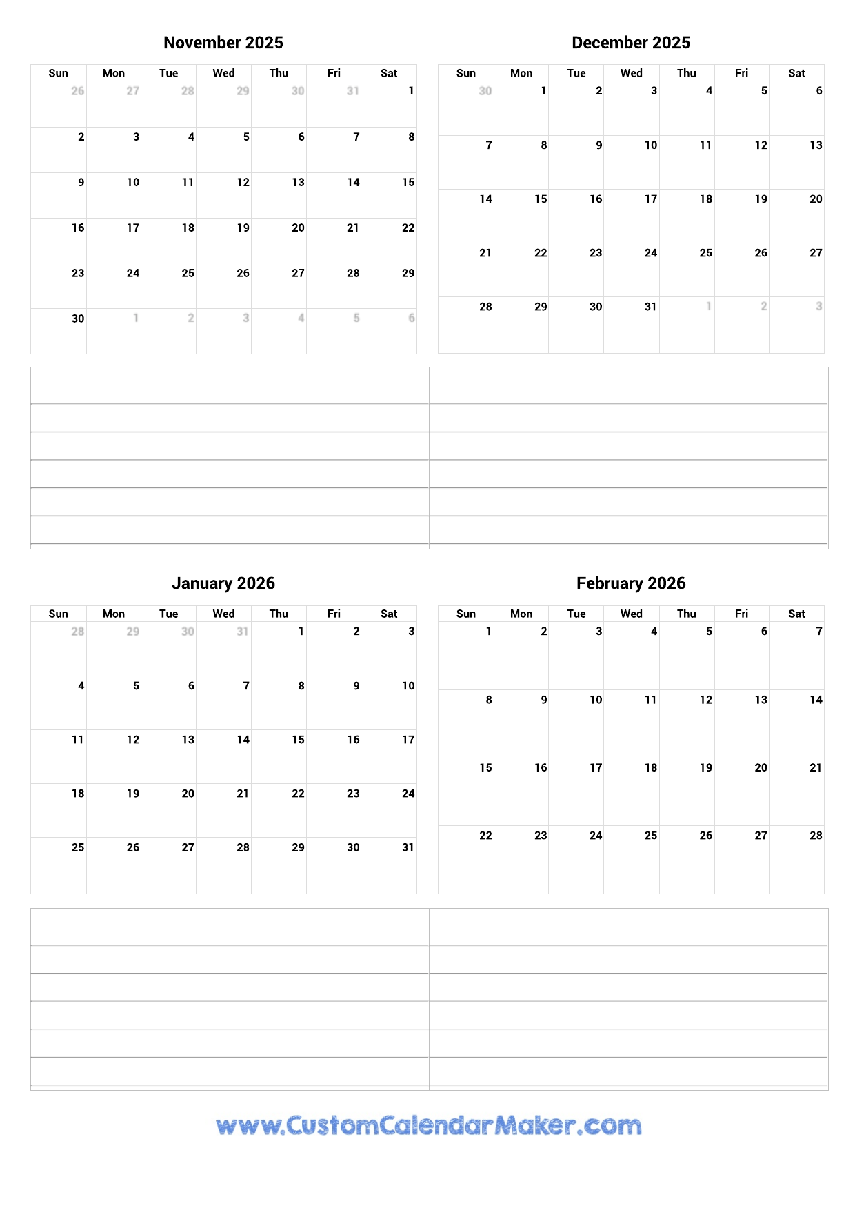 November 2025 To February 2026 Printable Calendar Custom Calendar Maker