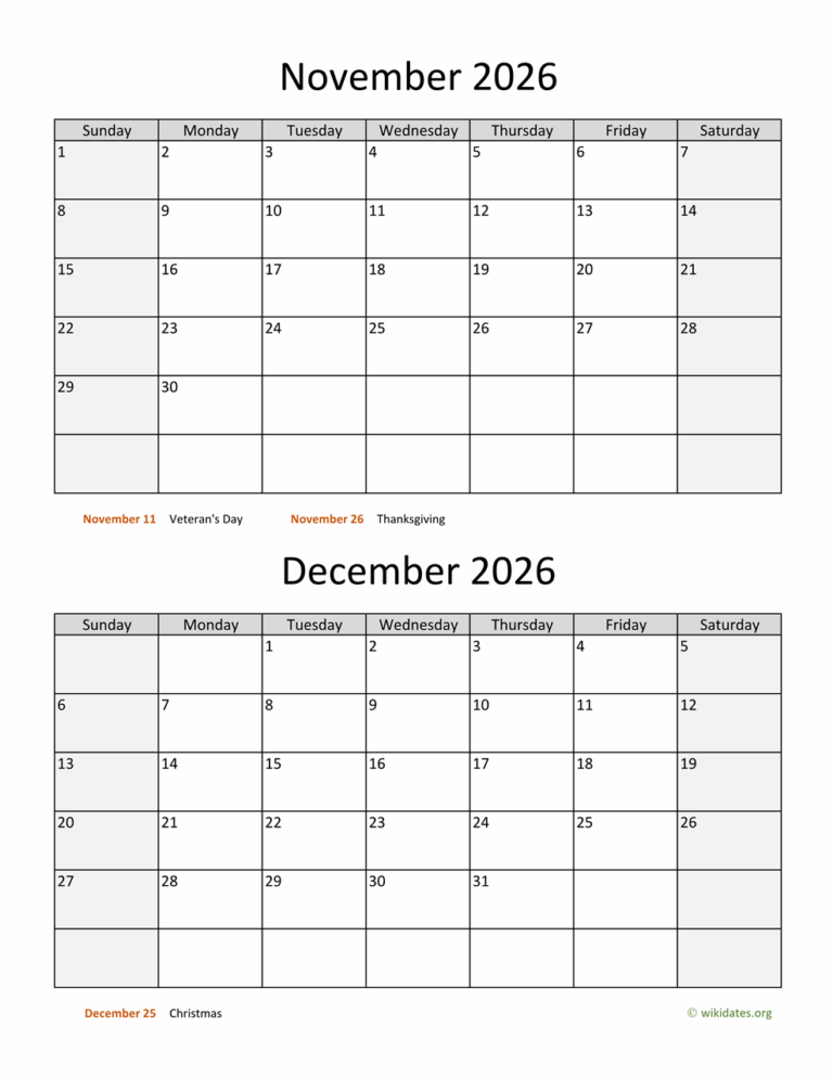 November And December 2026 Calendar WikiDates