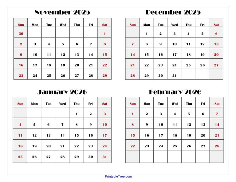 November To February 2026 Calendar Printable PDF Four Months Calendar