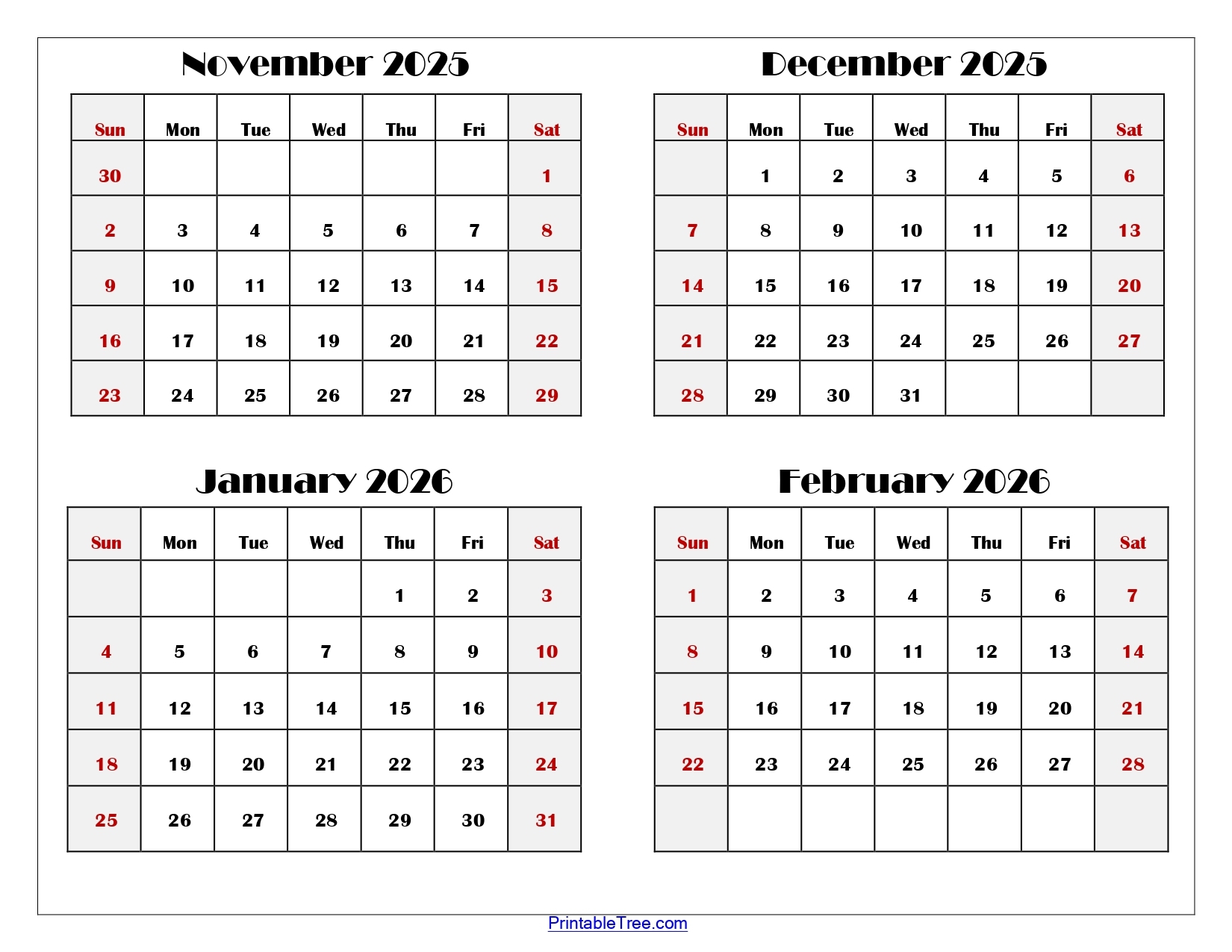 November To February 2026 Calendar Printable PDF Four Months Calendar