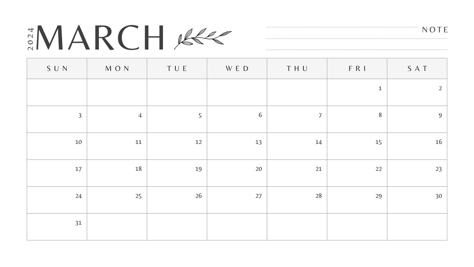 Canva March 2026 Calendar