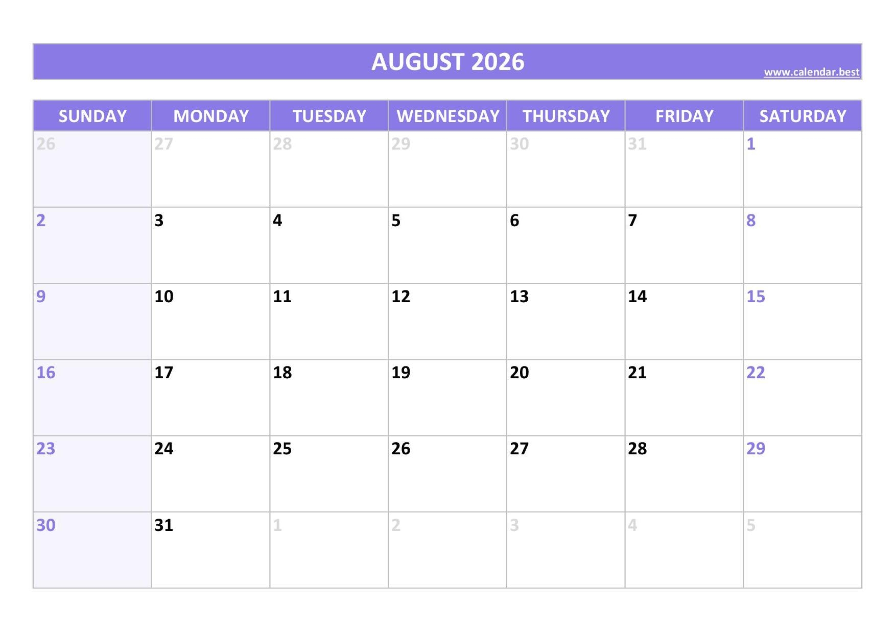 Printable 2026 Monthly Calendar Calendar best