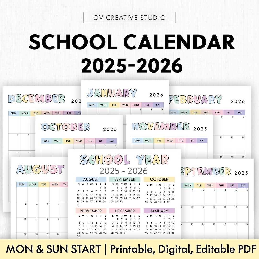School Calendar Bundle 2025 2026 Printable Digital Monthly Planner Year At A Glance Academic Yearly Calendar Editable PDF Etsy