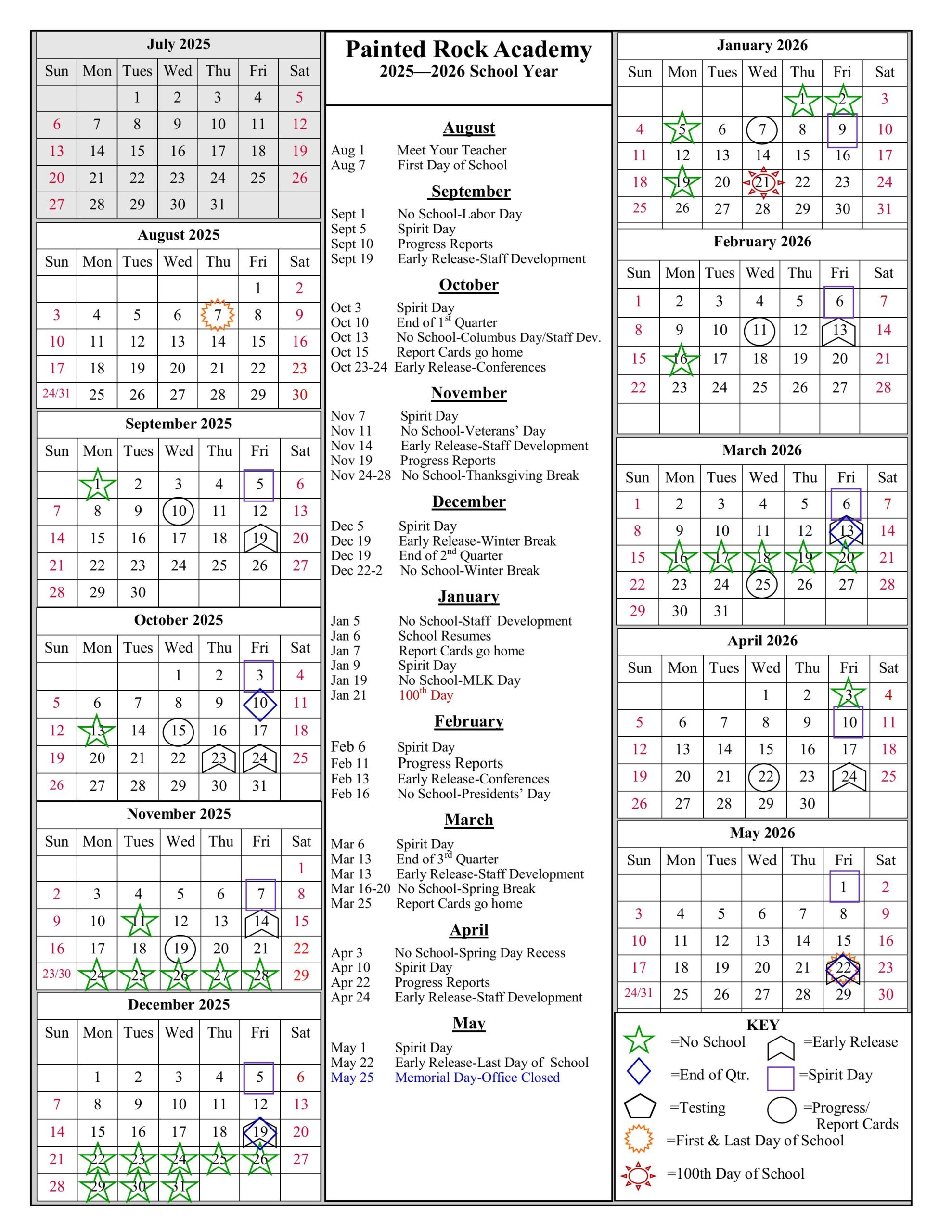 School Year Calendar 2025 2026 Painted Rock Academy