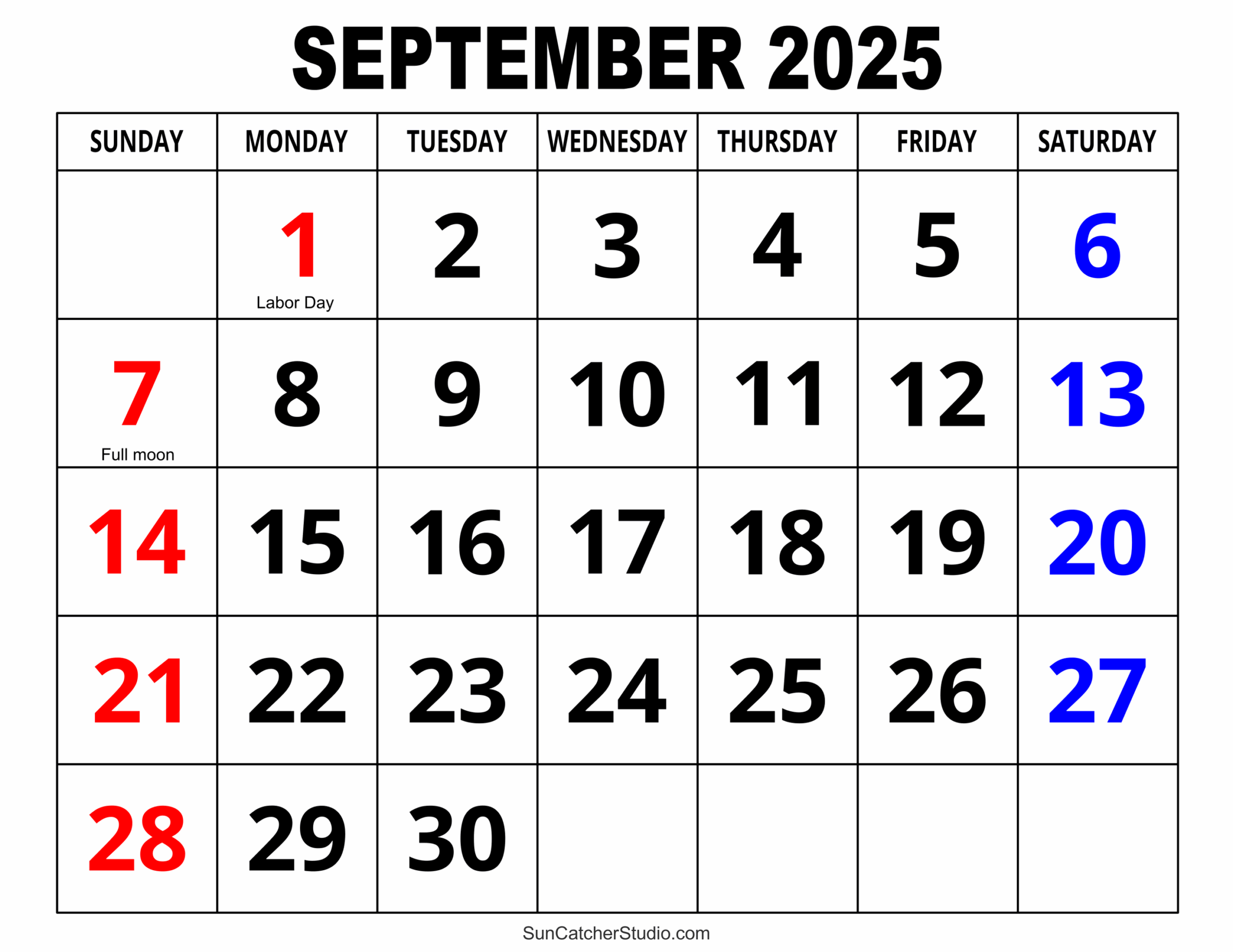 Calendar September 2025 Large Boxes