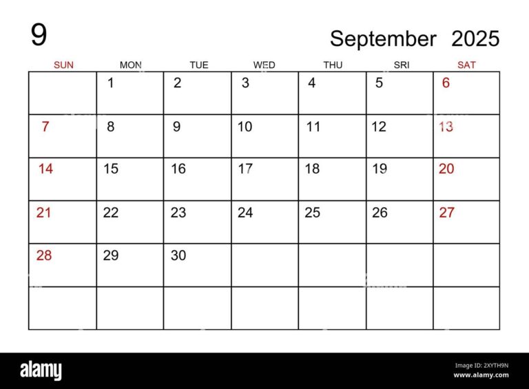 September 2025 Calendar Template On White Paper Background Stock