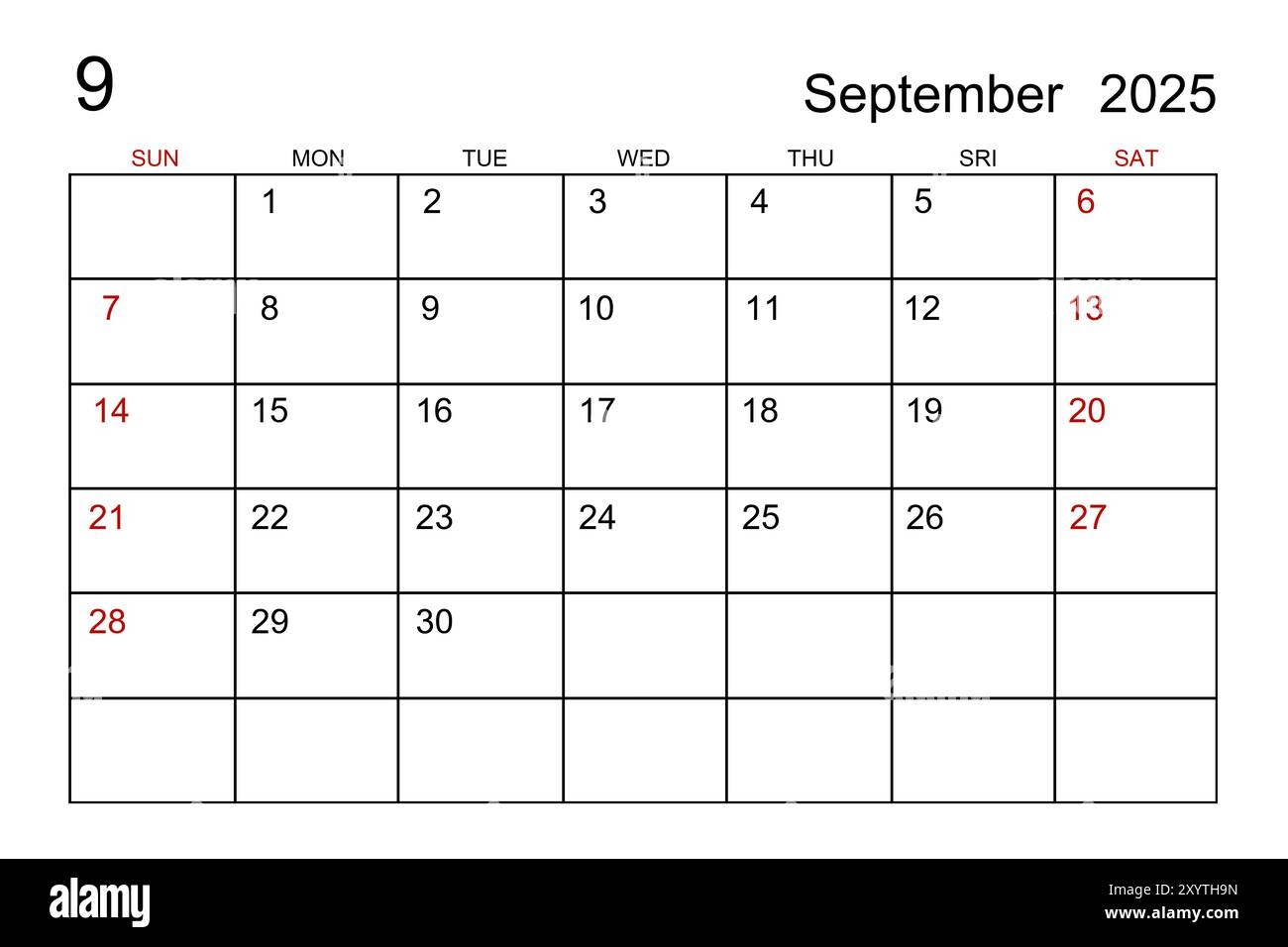 September 2025 Calendar Template On White Paper Background Stock