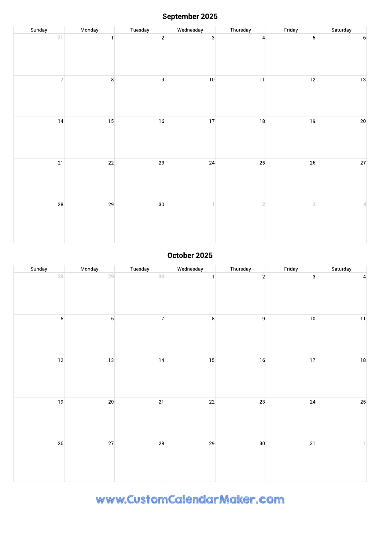 September October Calendar 2025