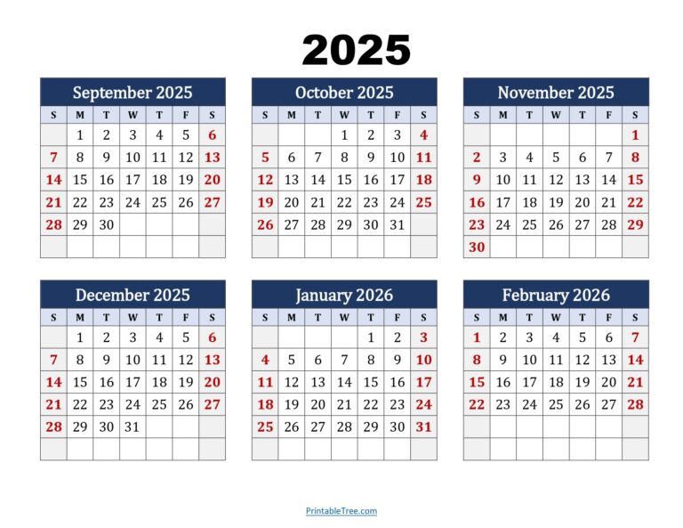 September To February 2026 Calendar Printable PDF Six Months Calendar