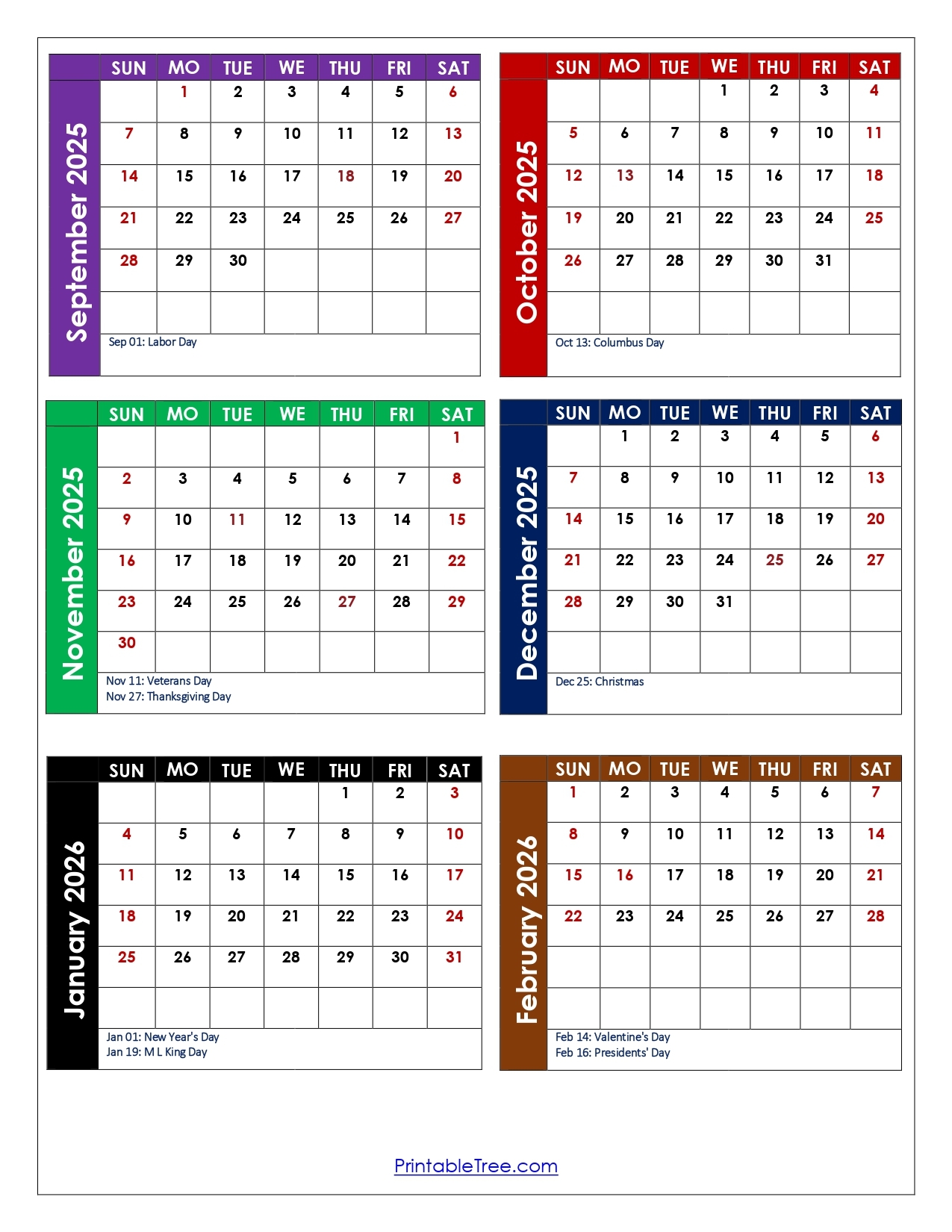 September To February 2026 Calendar Printable PDF Six Months Calendar