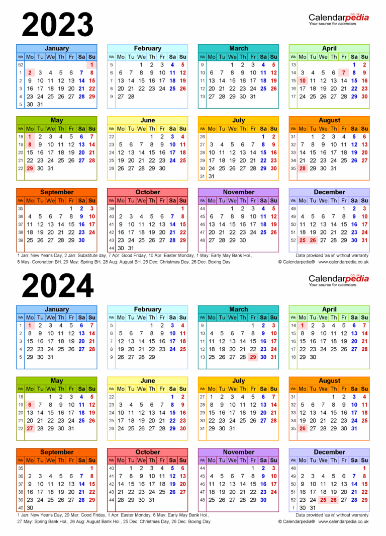 Two Year Calendars For 2023 And 2024 UK For Microsoft Excel
